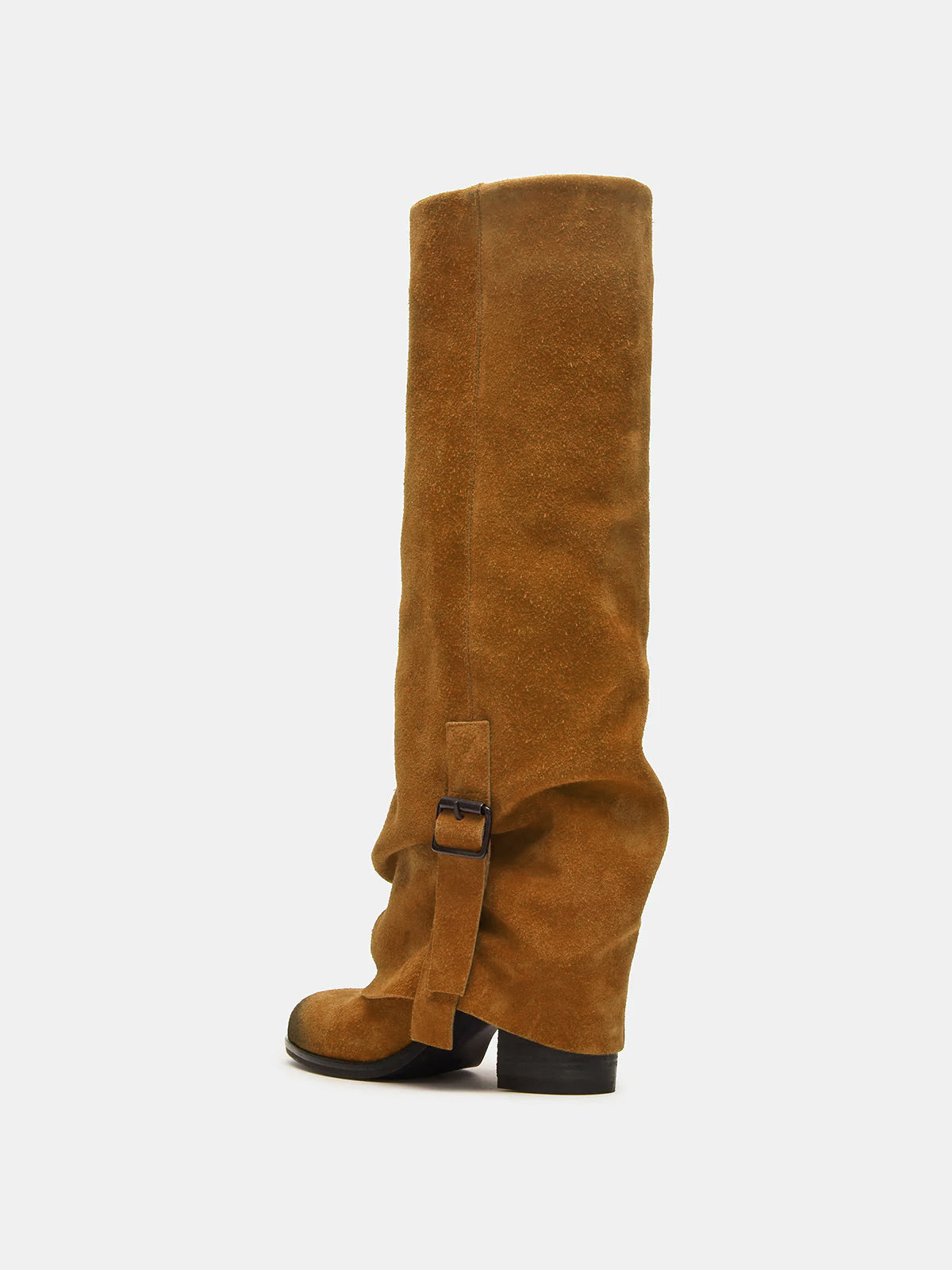 Yellow Faux Suede Round-Toe Fold-Over Adjustable Buckle Knee High Cowgirl Boots