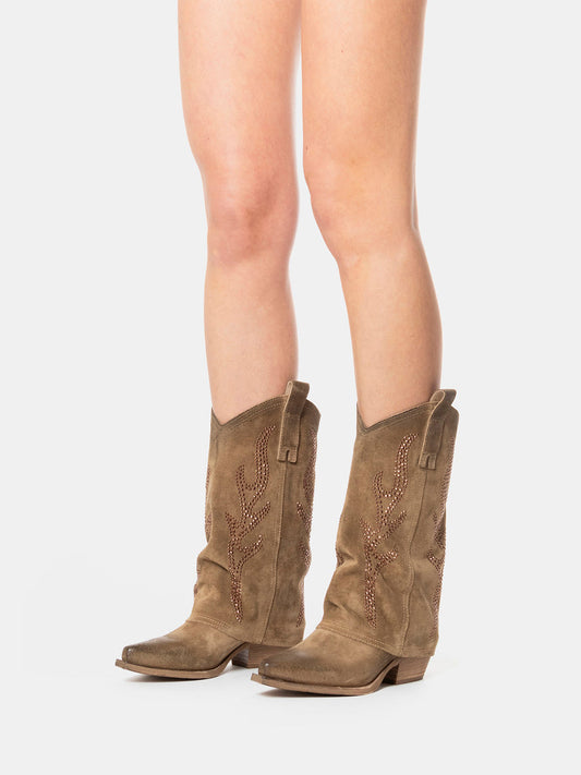 Dark Gray Faux Suede Snip-Toe Studded Fold-Over Mid Calf Cowgirl Boots