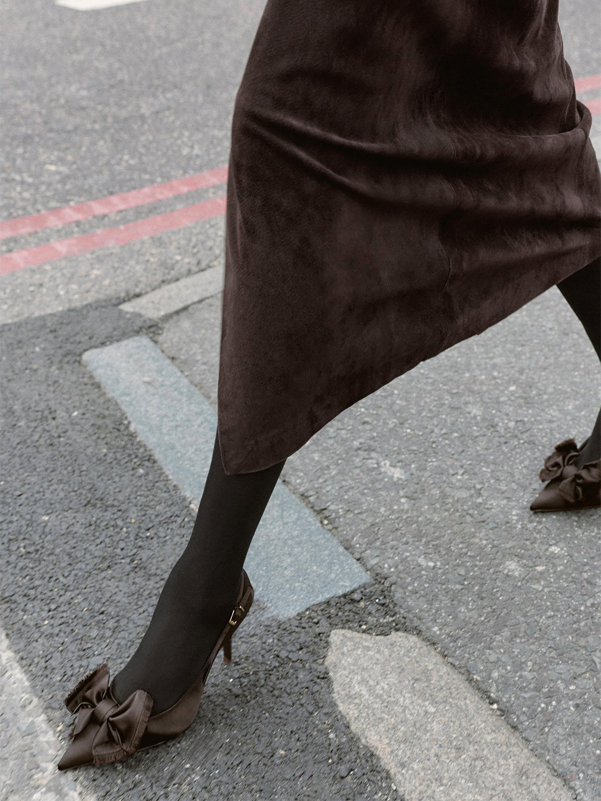 Brown Satin Pointed-Toe Big Front Bow Slingback High Heels