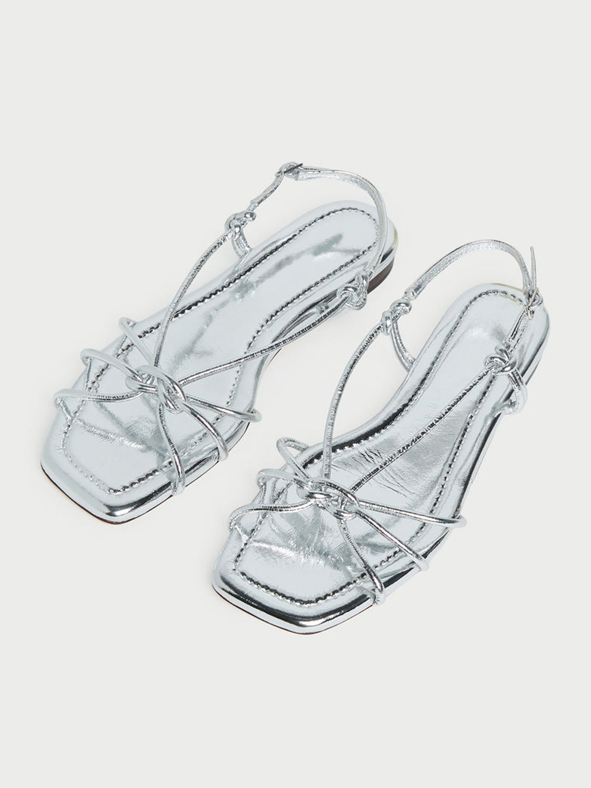 Metallic Silver Square-Toe Strappy Chic Flats Sandals