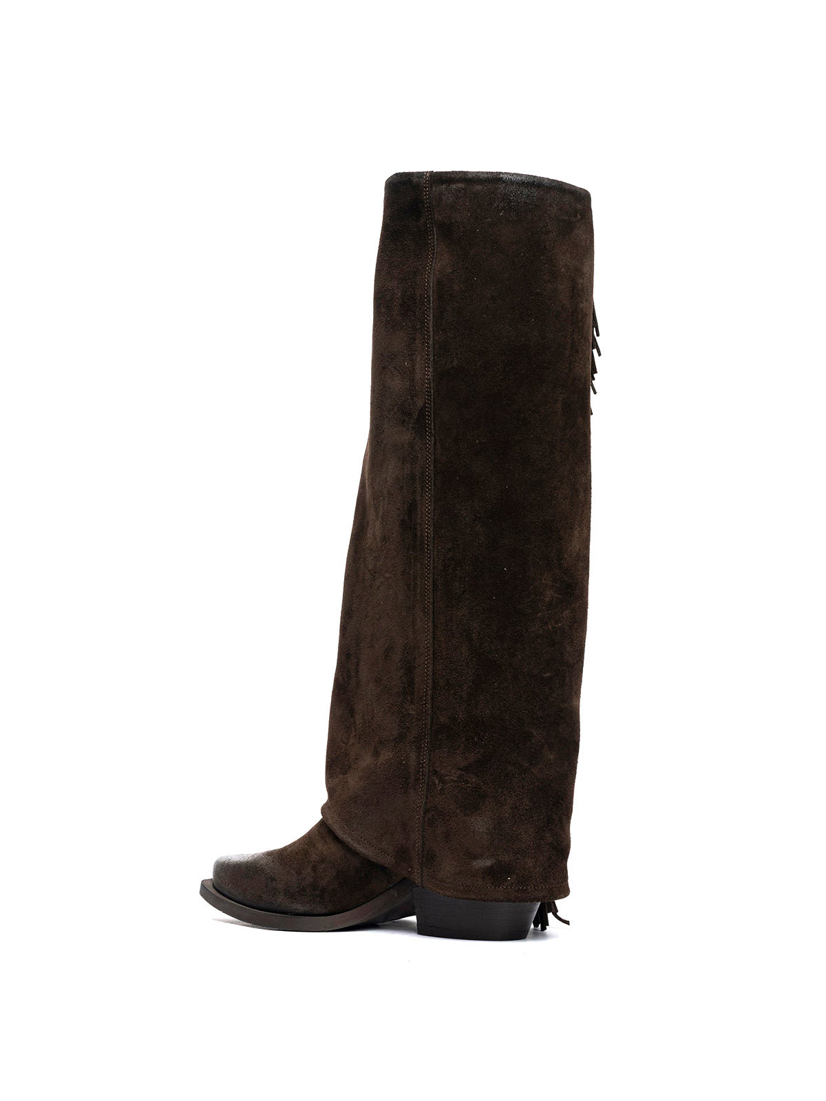 Dark Tobacco Faux Suede Snip-Toe Side Studded Fringe Fold-Over Knee High Cowgirl Boots