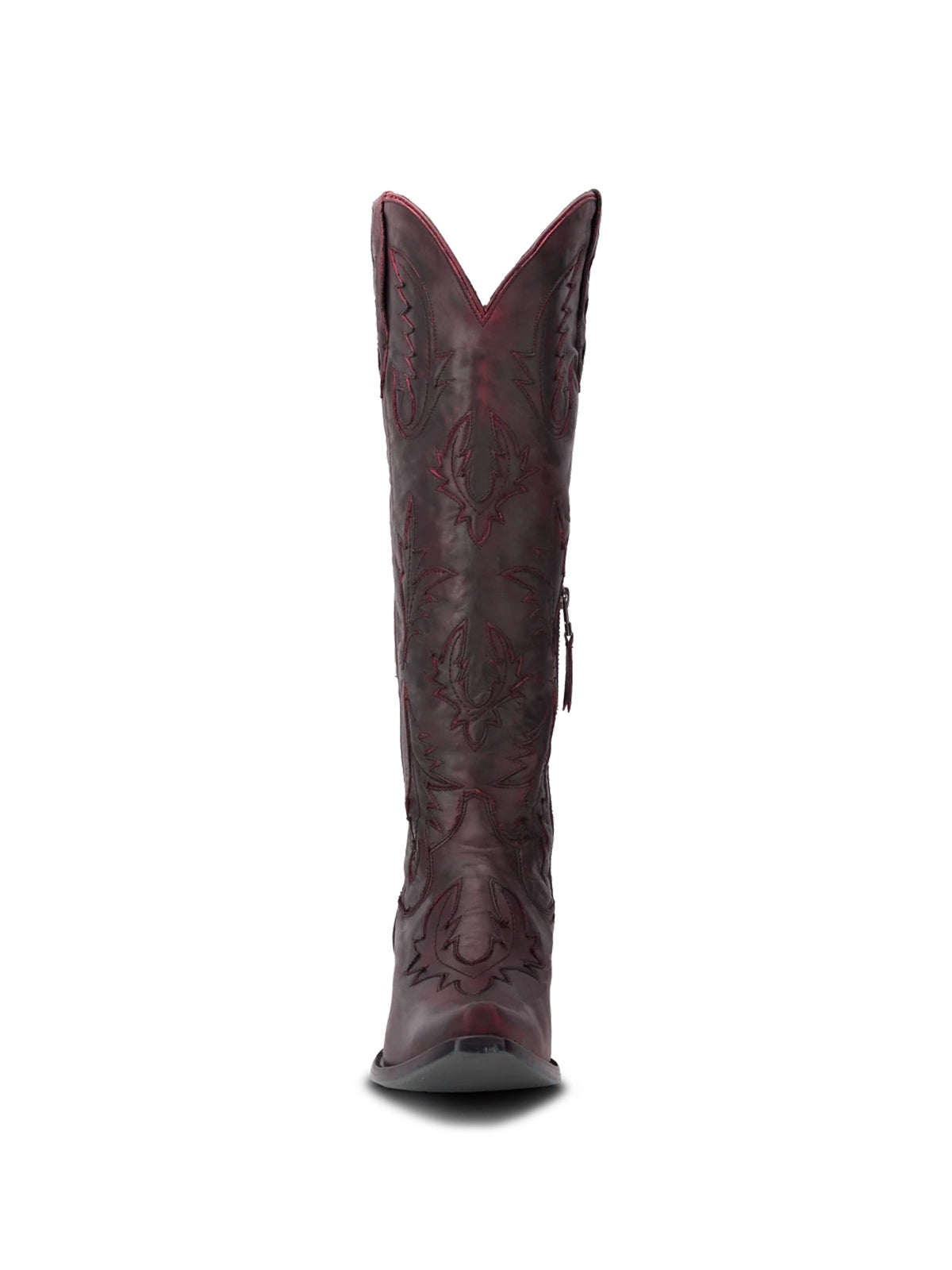 Half-Zip Snip-Toe Embroidery And Inlay Back Lace-Up Knee High Cowgirl Boots - Dark Red