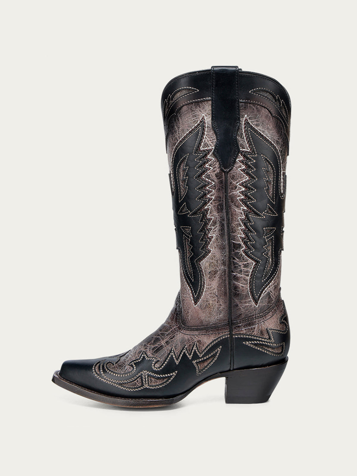 Distressed Dark Gray Snip-Toe Chic Eagle Applique Mid Calf Cowgirl Boots