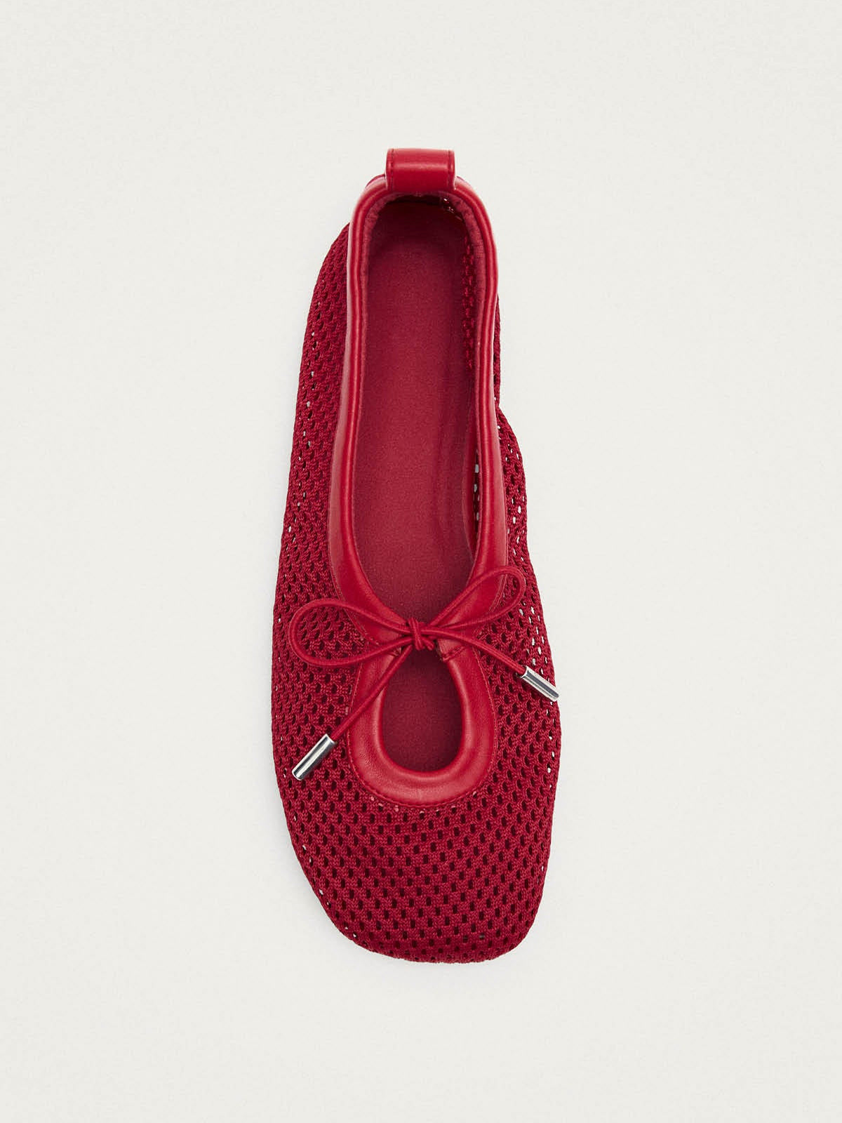 Red Mesh And Vegan Leather Square-Toe Middle Bow Ballet Flats