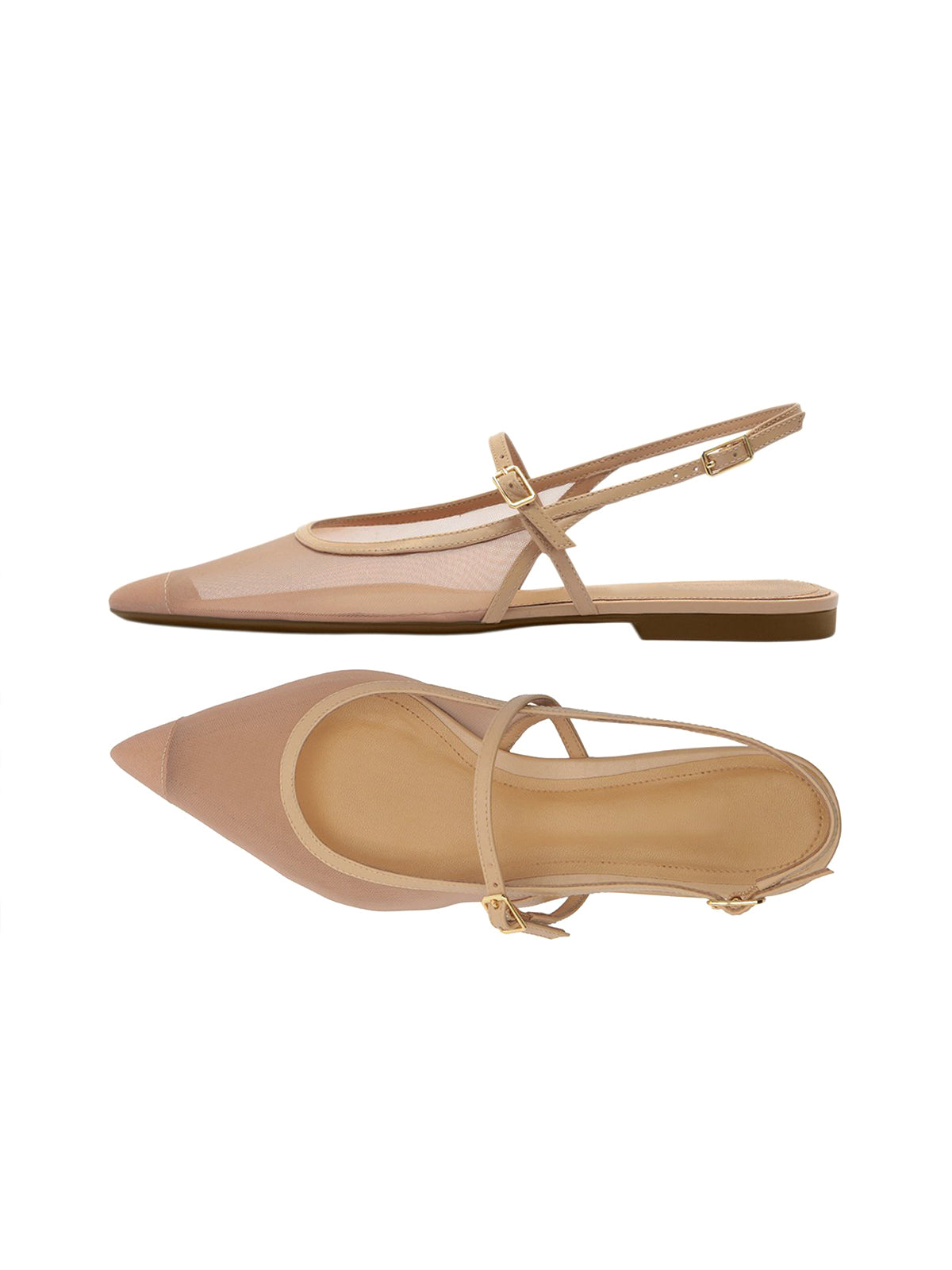 Nude Mesh And Vegan Leather Pointed-Toe Buckle Slingback Flats