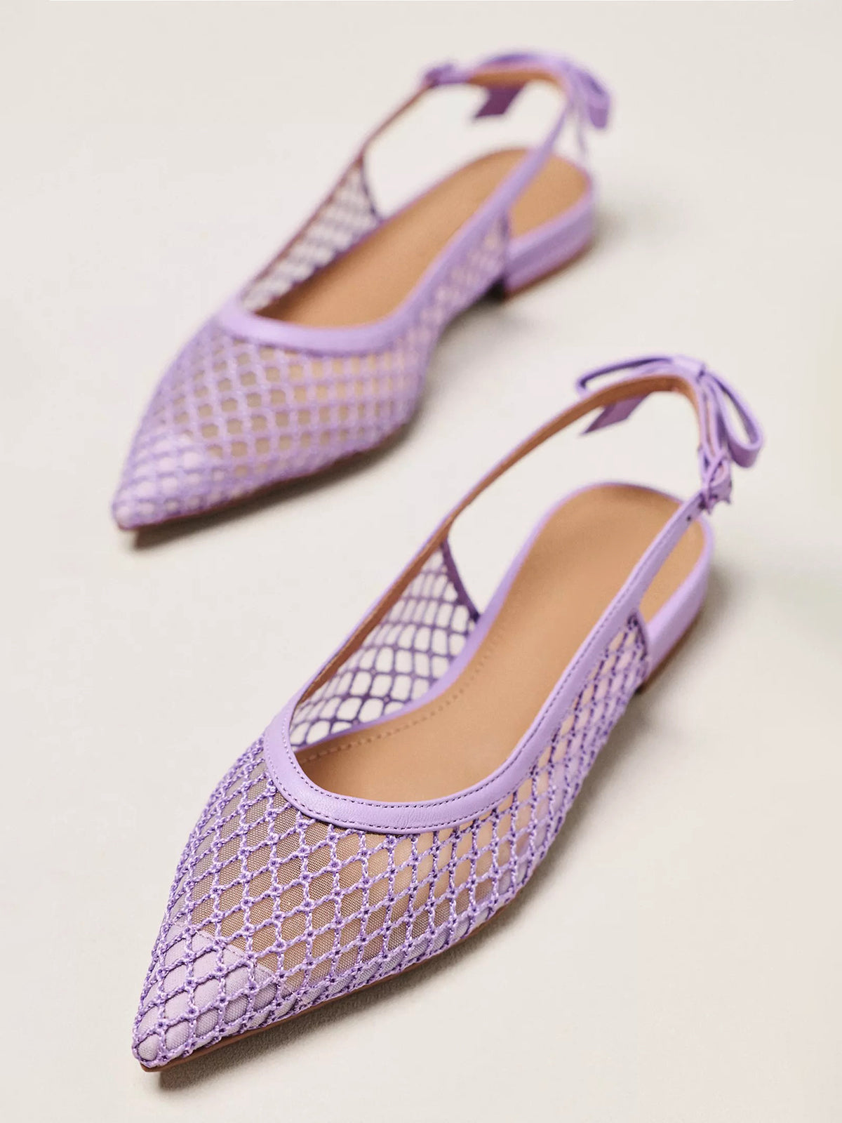 Lilac Mesh Pointed-Toe Slingback Back Bow Flats