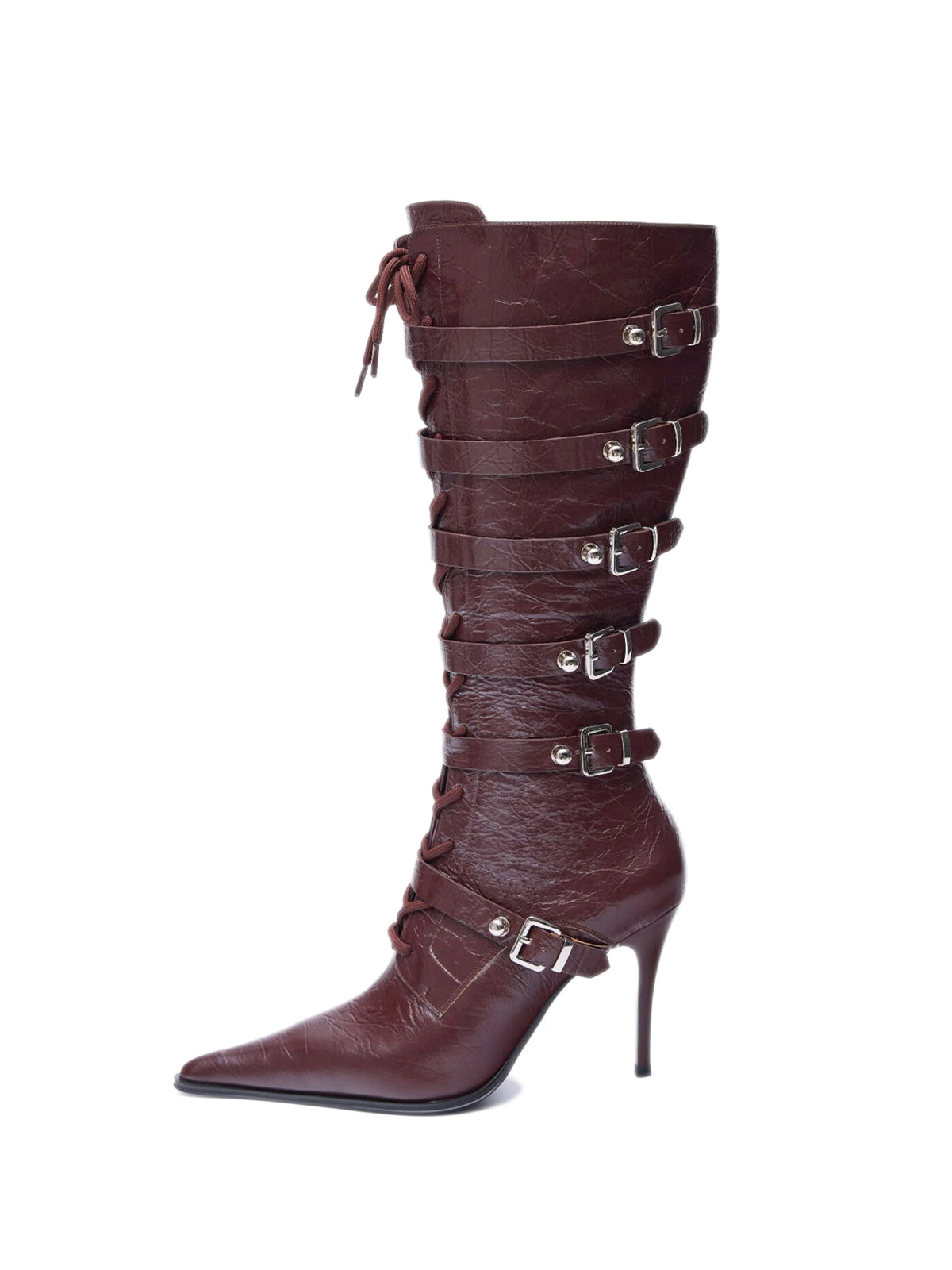Distressed Wine Red Pointed-Toe Lace-Up Full-Zip Knee High Stiletto Boots With Buckles