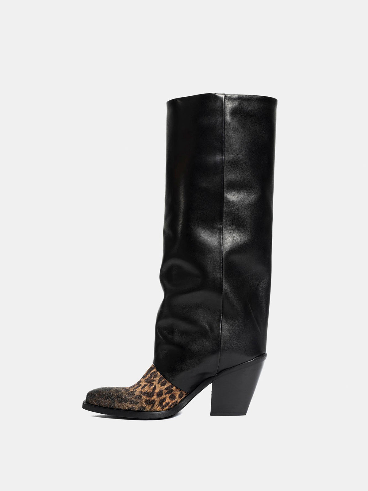 Contrast Black And Leopard Faux Suede Snip-Toe Wide Calf Knee High Cowgirl Boots