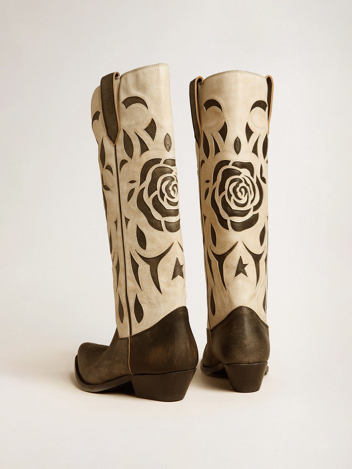 Contrast Beige And Brown Snip-Toe Rose Inlay Wide Calf Knee High Cowgirl Boots