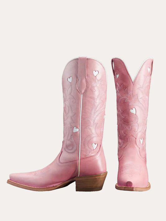 Pink Snip-Toe Embroidery White Heart Inlay Mid Calf Cowgirl Boots