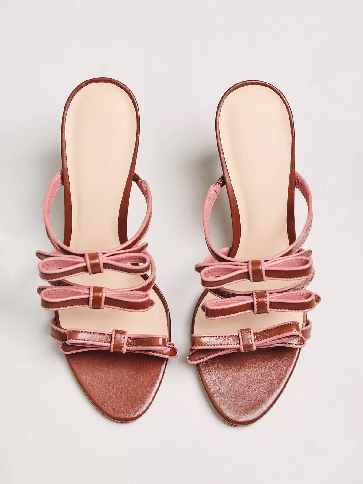 Brown Peep Round-Toe Triple-Bow Backless High Heels