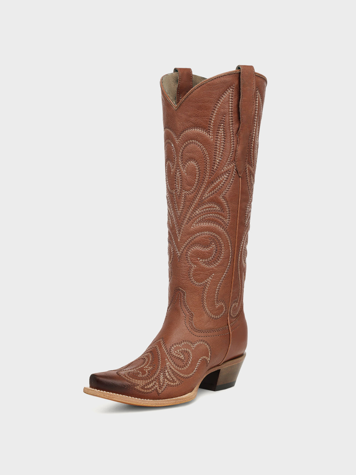 Dark Tan Snip-Toe Chic Western Embroidery Knee High Cowgirl Boots