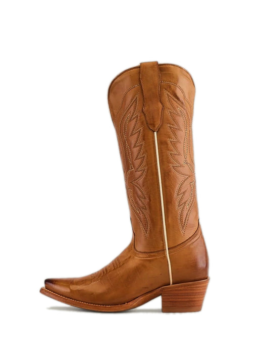 Tall Knee High Snip-Toe Embroidery Wide Calf Cowgirl Boots - Gold