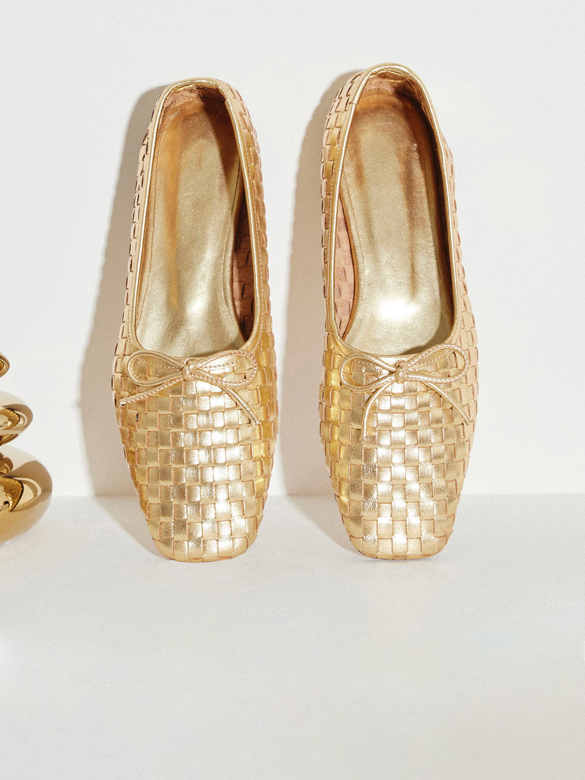 Vegan Leather Woven Square-Toe Bow Ballet Flats - Metallic Gold