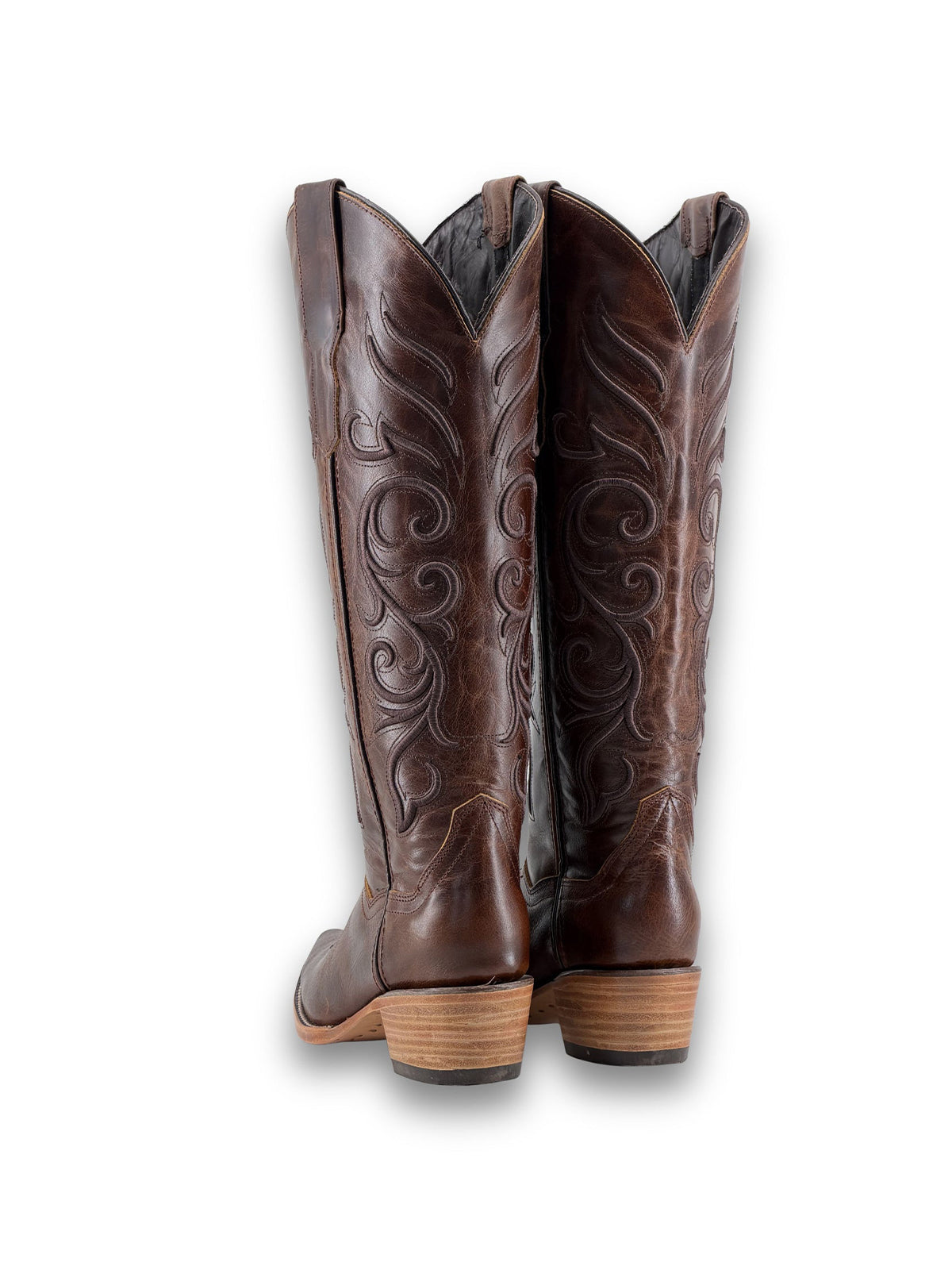 Distressed Coffee Snip-Toe Sleek Embroidery Wide Calf Knee High Cowgirl Boots
