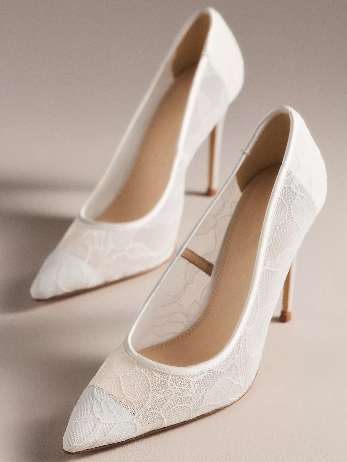 Ivory Lace Mesh Pointed-Toe Slip-On Stiletto Pumps High Heels