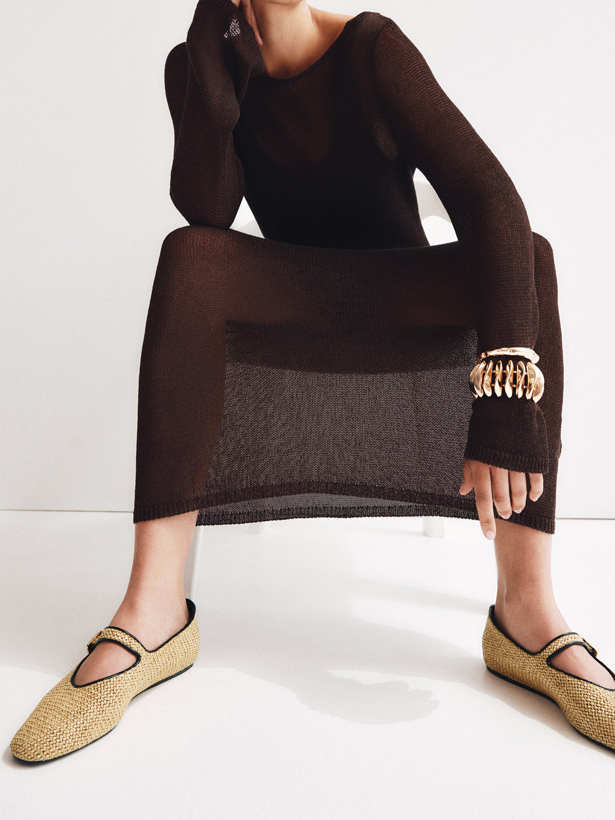 Beige Grass Woven Square-Toe Mary Jane Ballet Flats