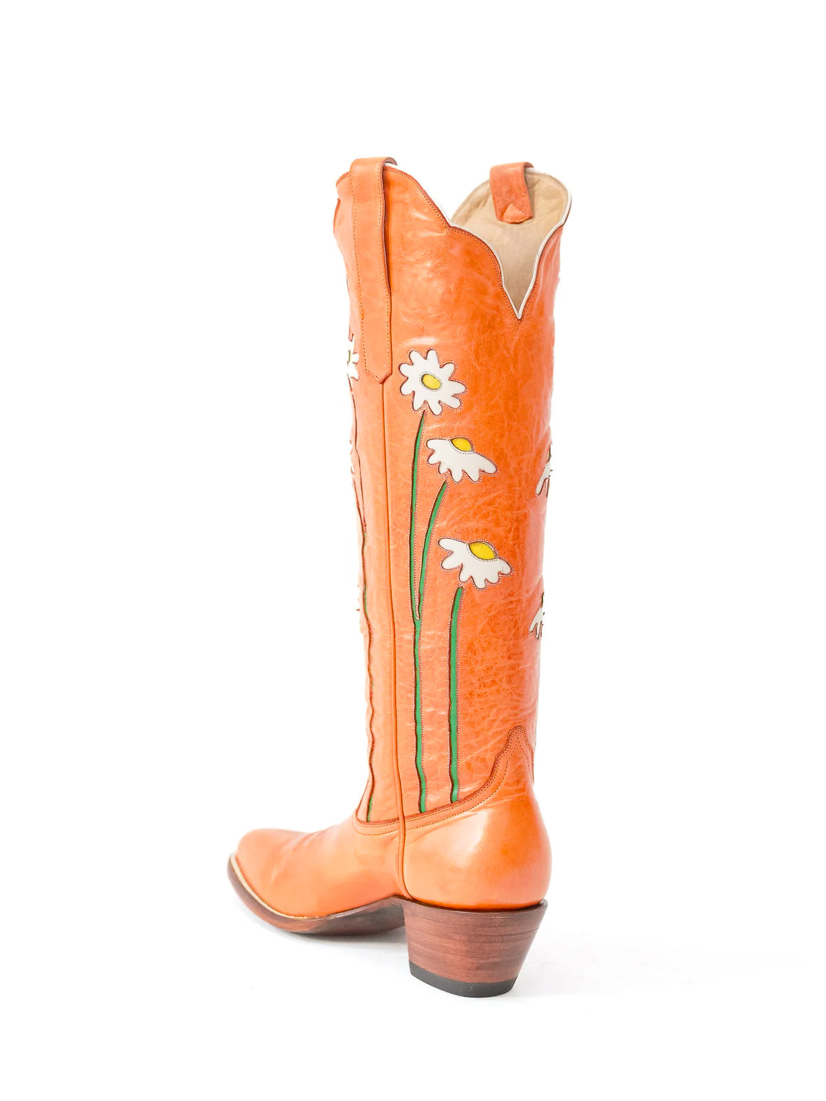 Honey Almond-Toe Wide Calf Western Boots Knee High Tall Boots With Floral Inlay