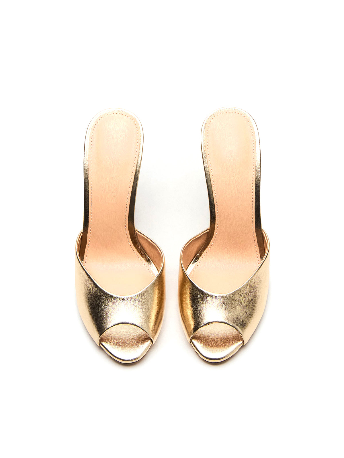 Златни металически обувки на висок ток с кръгли пръсти и гол гръб 