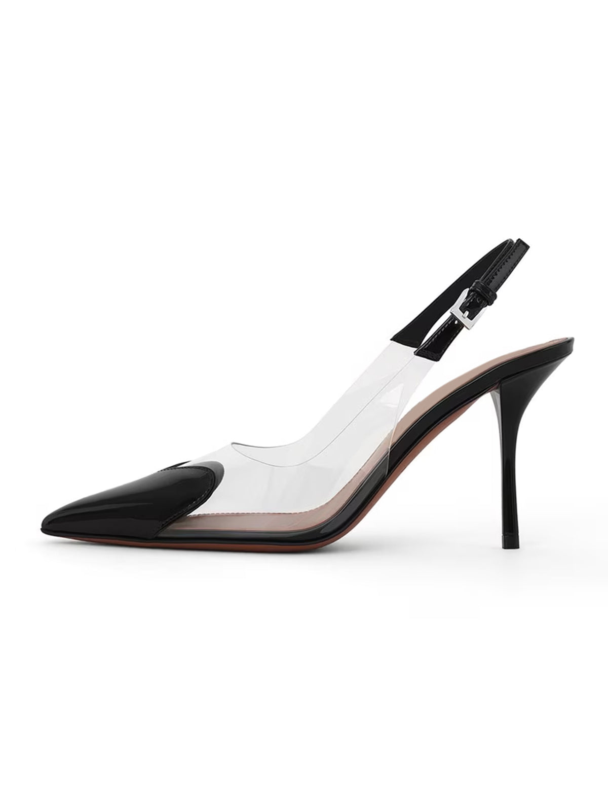 Patent Black And TPU Transparent Film Pointed-Toe Slingback High Heels