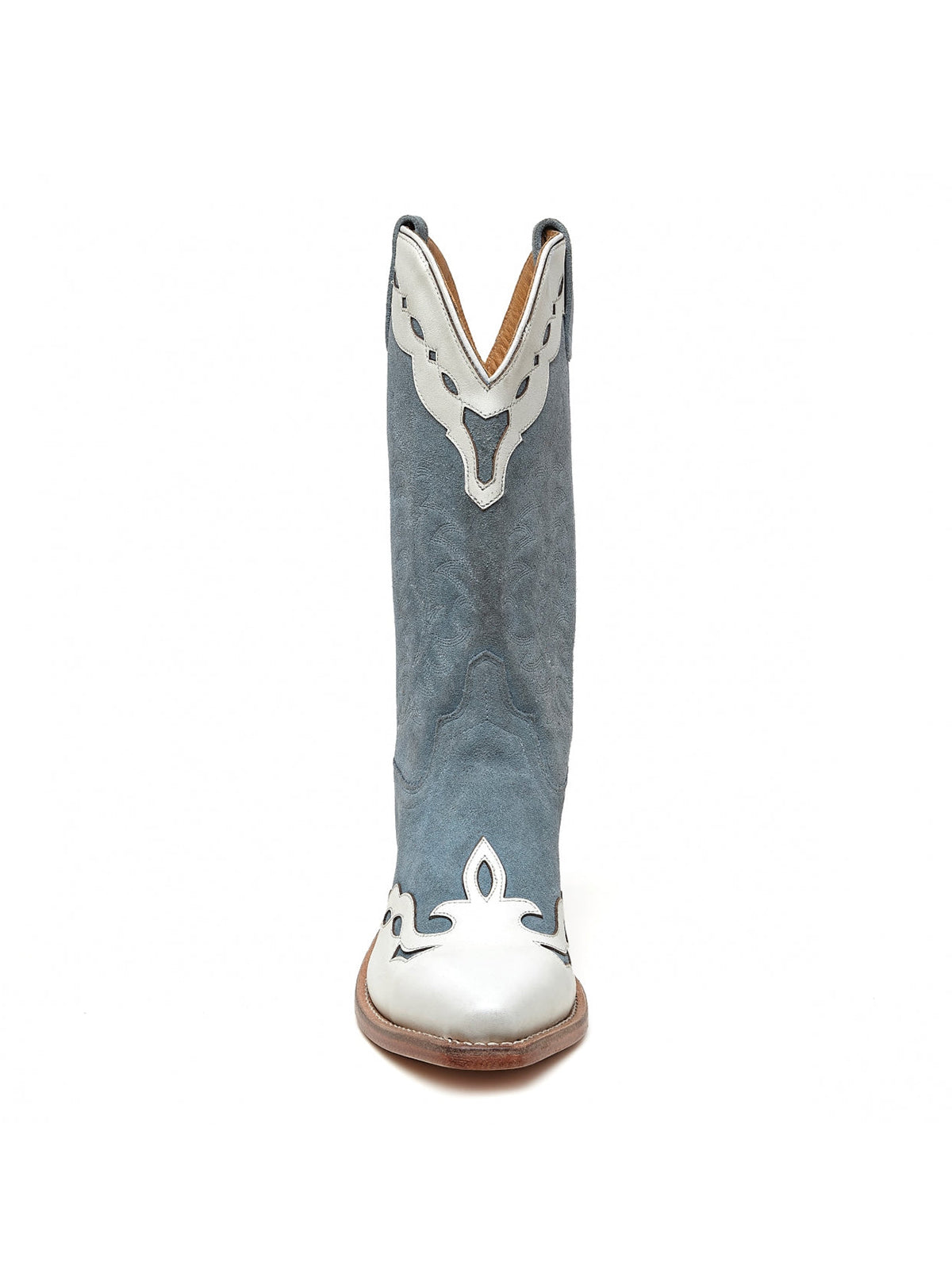 Blue Snip-Toe Faux Suede Classic Embroidery Mid Calf Cowgirl Boots