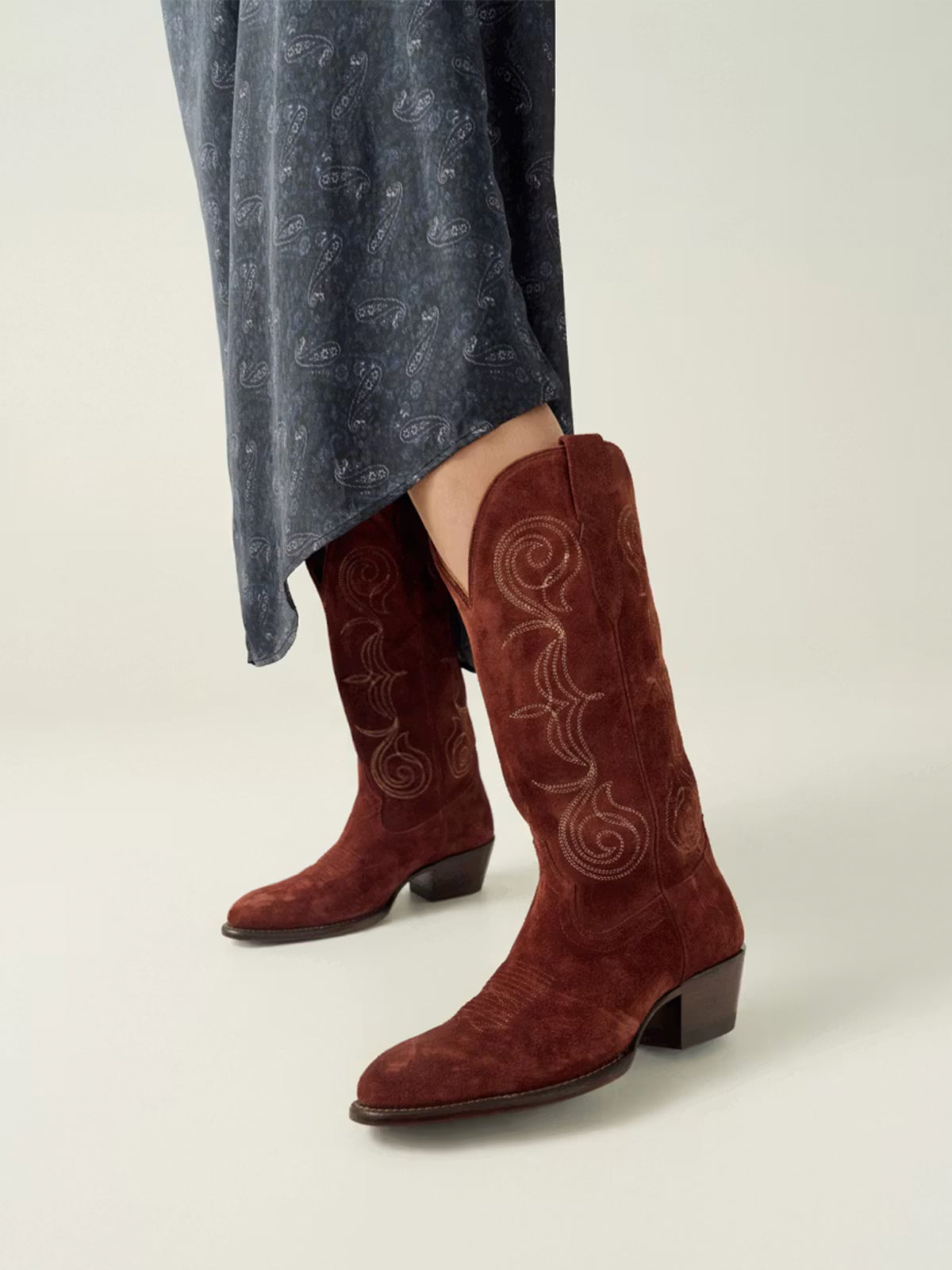 Brick Faux Suede Round-Toe Knee High Wide Calf Embroidery Cowgirl Boots