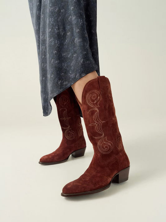 Brick Faux Suede Round-Toe Knee High Wide Calf Embroidery Cowgirl Boots