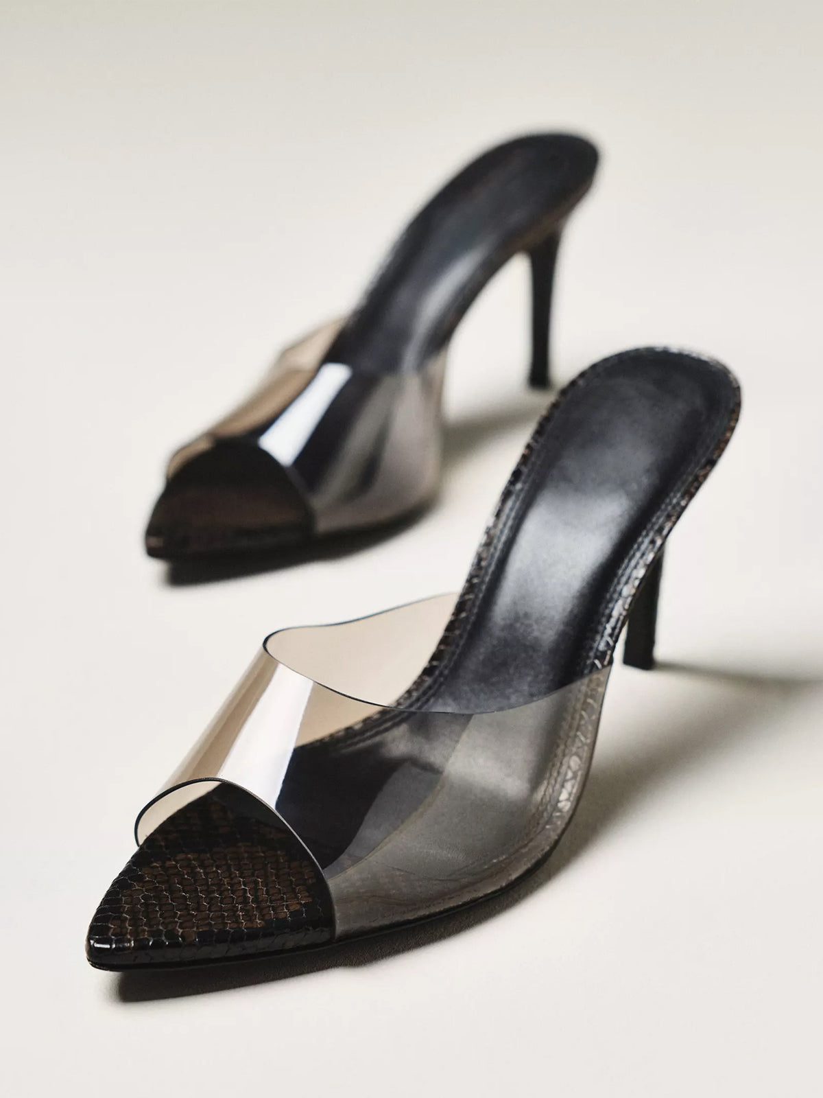 Dark Brown Transparent TPU Film Open Pointed-Toe Slip-On High Heels