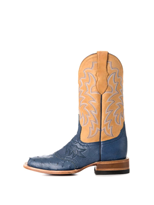 Contrast Honey And Blue Ostrich Print Square-Toe Embroidery Mid Calf Cowgirl Boots