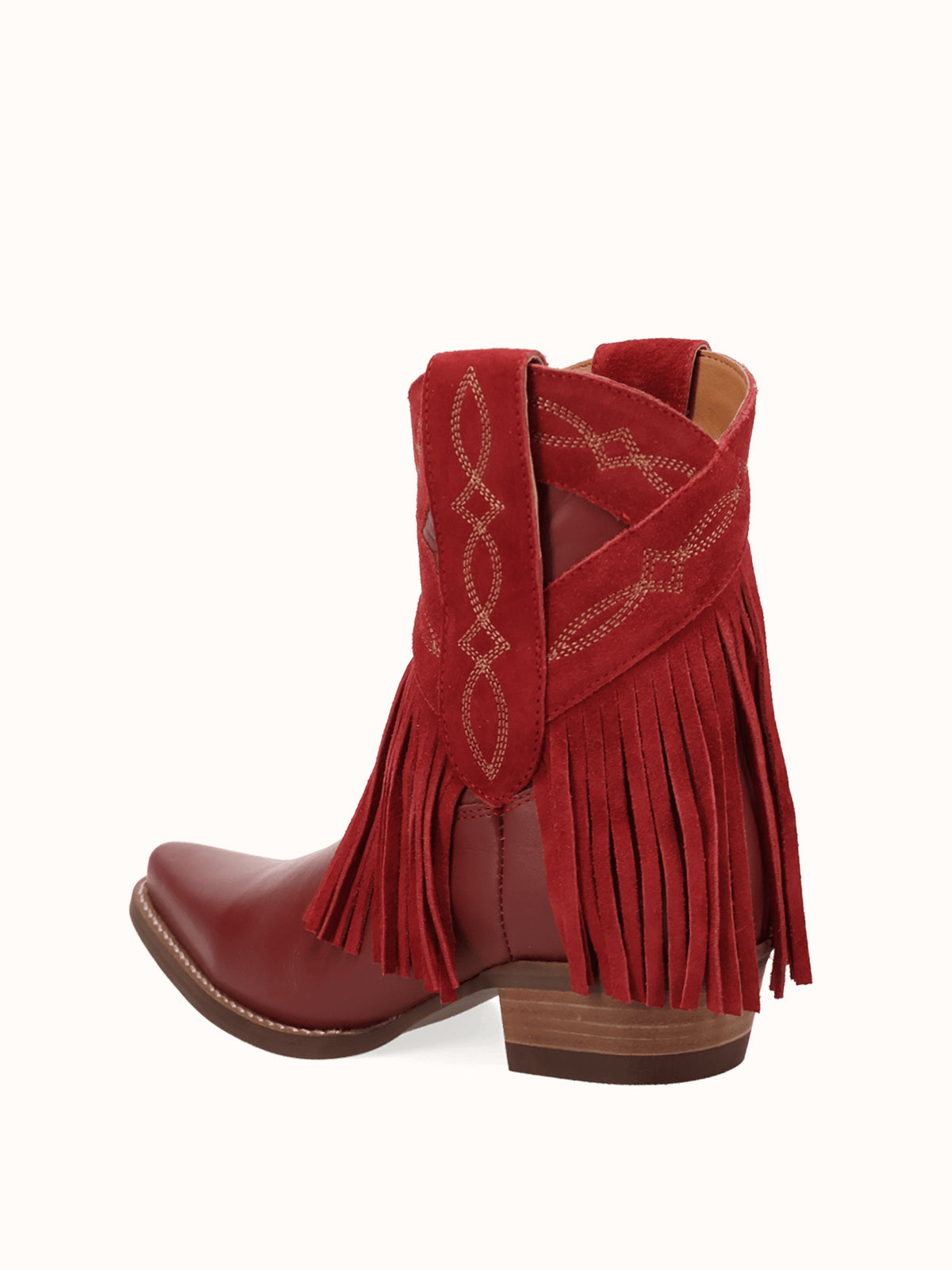 Red Snip-Toe Faux Suede Fringe Chic Ankle Cowgirl Boots