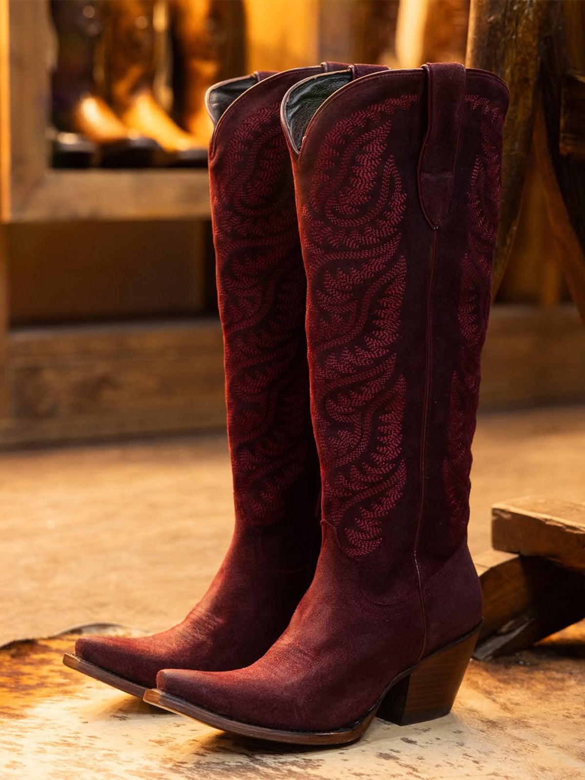 Embroidery Half-Zip Tall Knee High Faux Suede Snip-Toe Cowgirl Boots - Burgundy