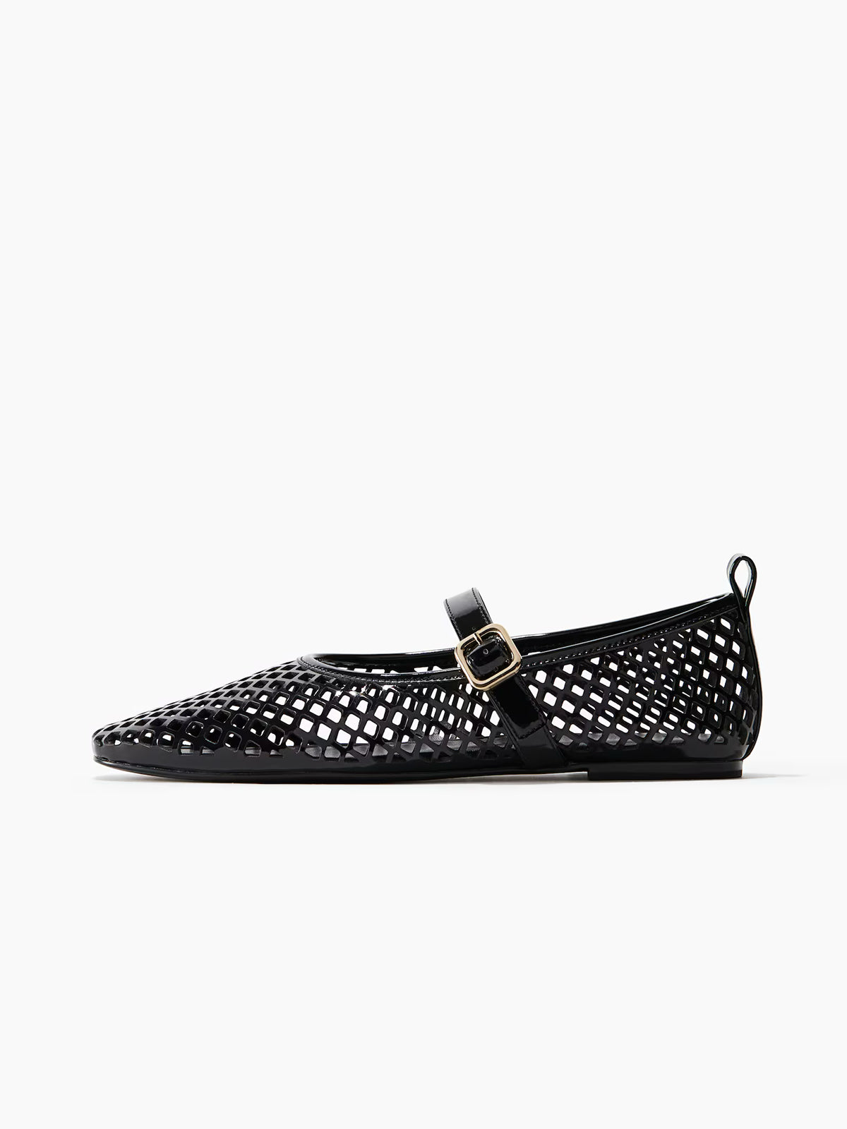 Perforated Square-Toe Bridge Strap Mary Jane Ballet Flats - Black Patent