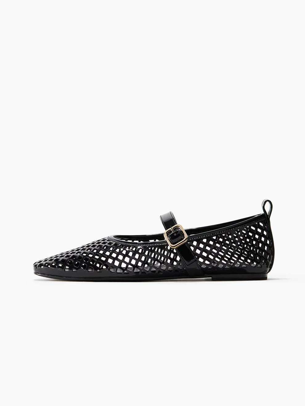 Perforated Square-Toe Bridge Strap Mary Jane Ballet Flats - Black ...