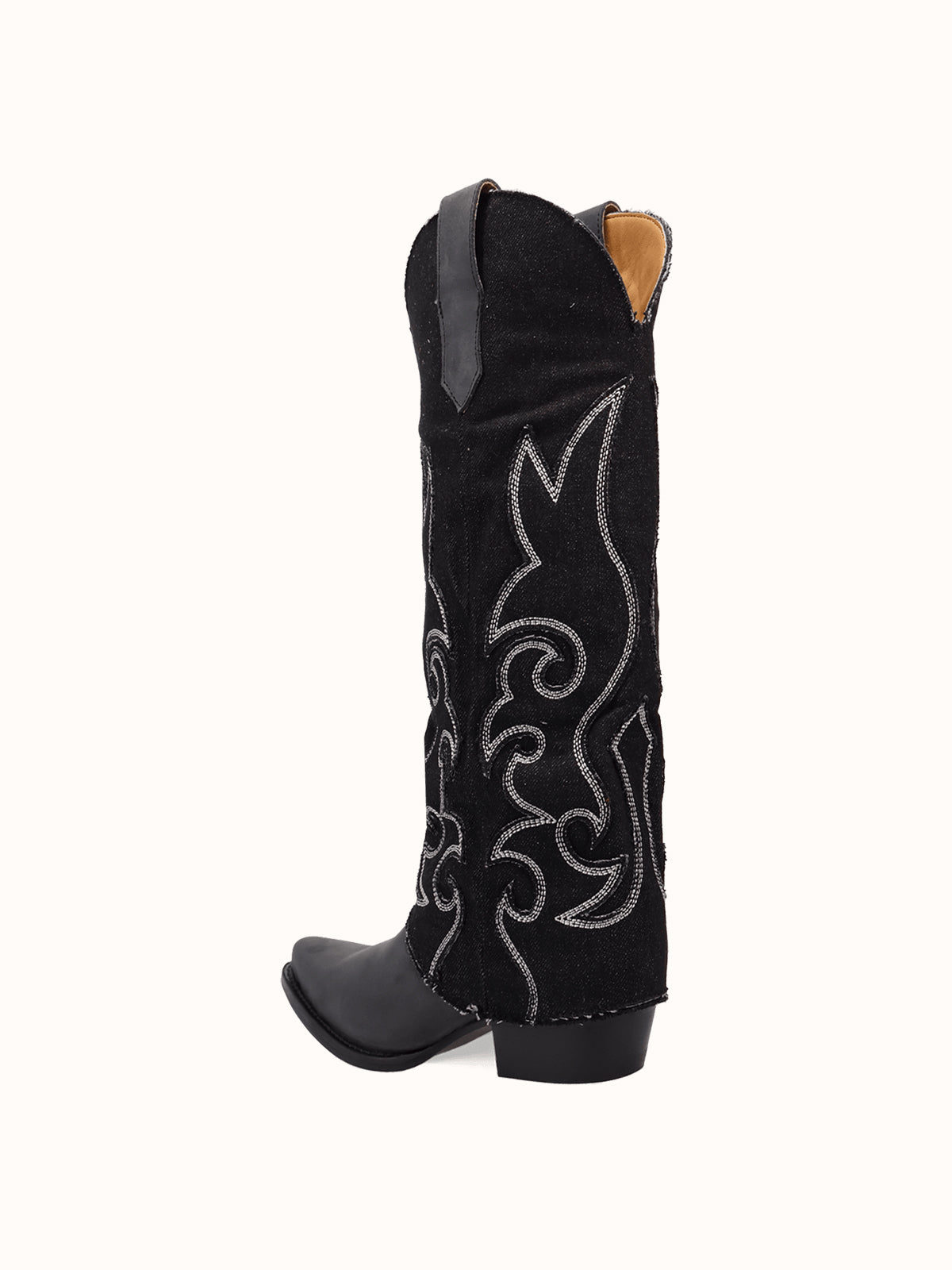 Black Denim And Vegan Leather Snip-Toe Embroidery Fold-Over Wide Calf Knee High Cowgirl Boots