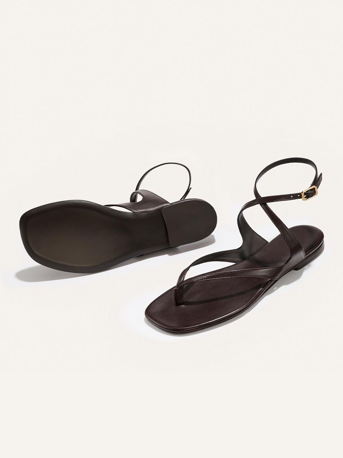 Coffee Square-Toe Strappy And Ankle Strap Chic Sandals Flats
