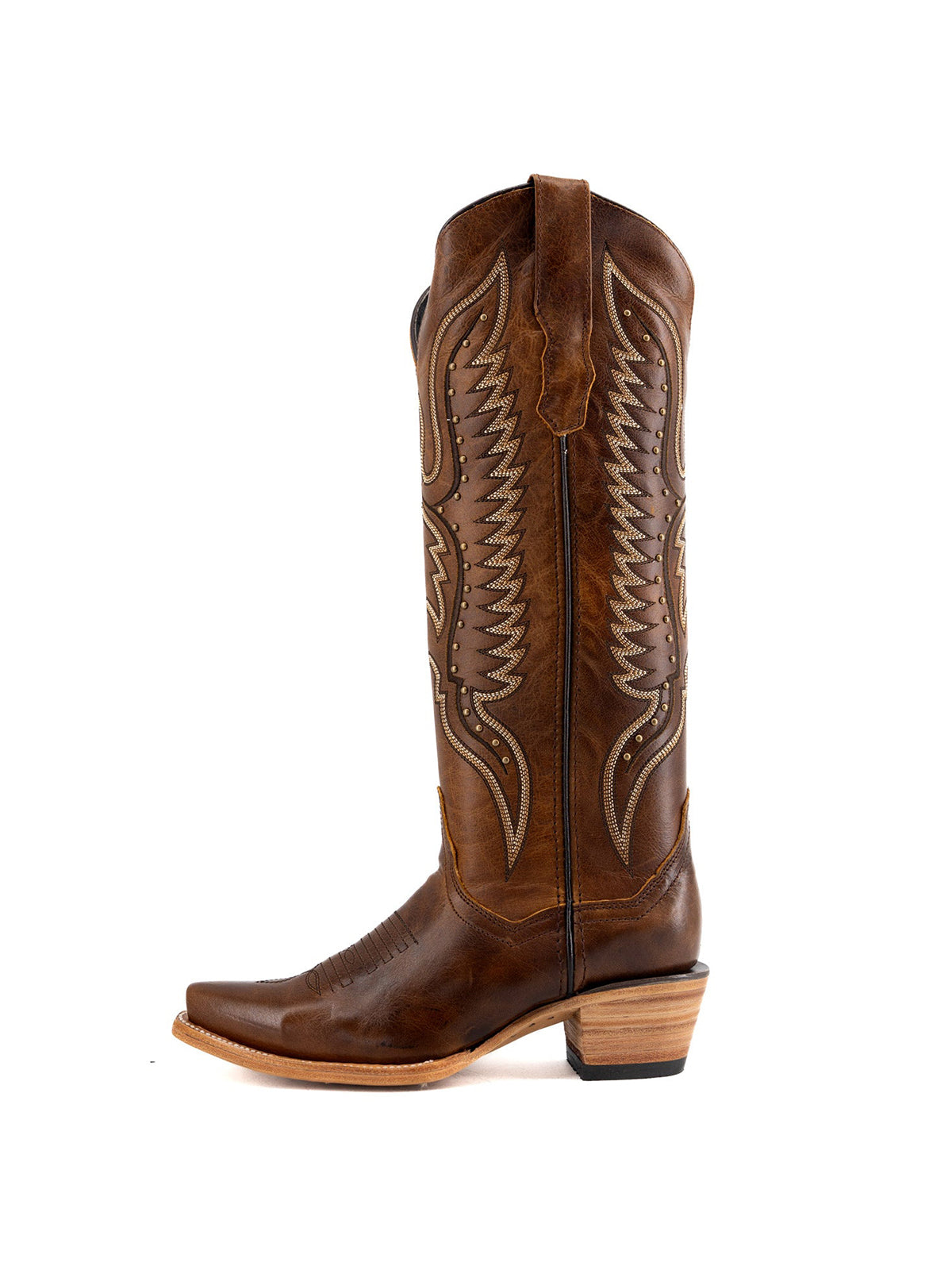 Western Snip-Toe Wings Embroidery And Studs Wide Calf Knee High Cowgirl Boots - Dark Tan