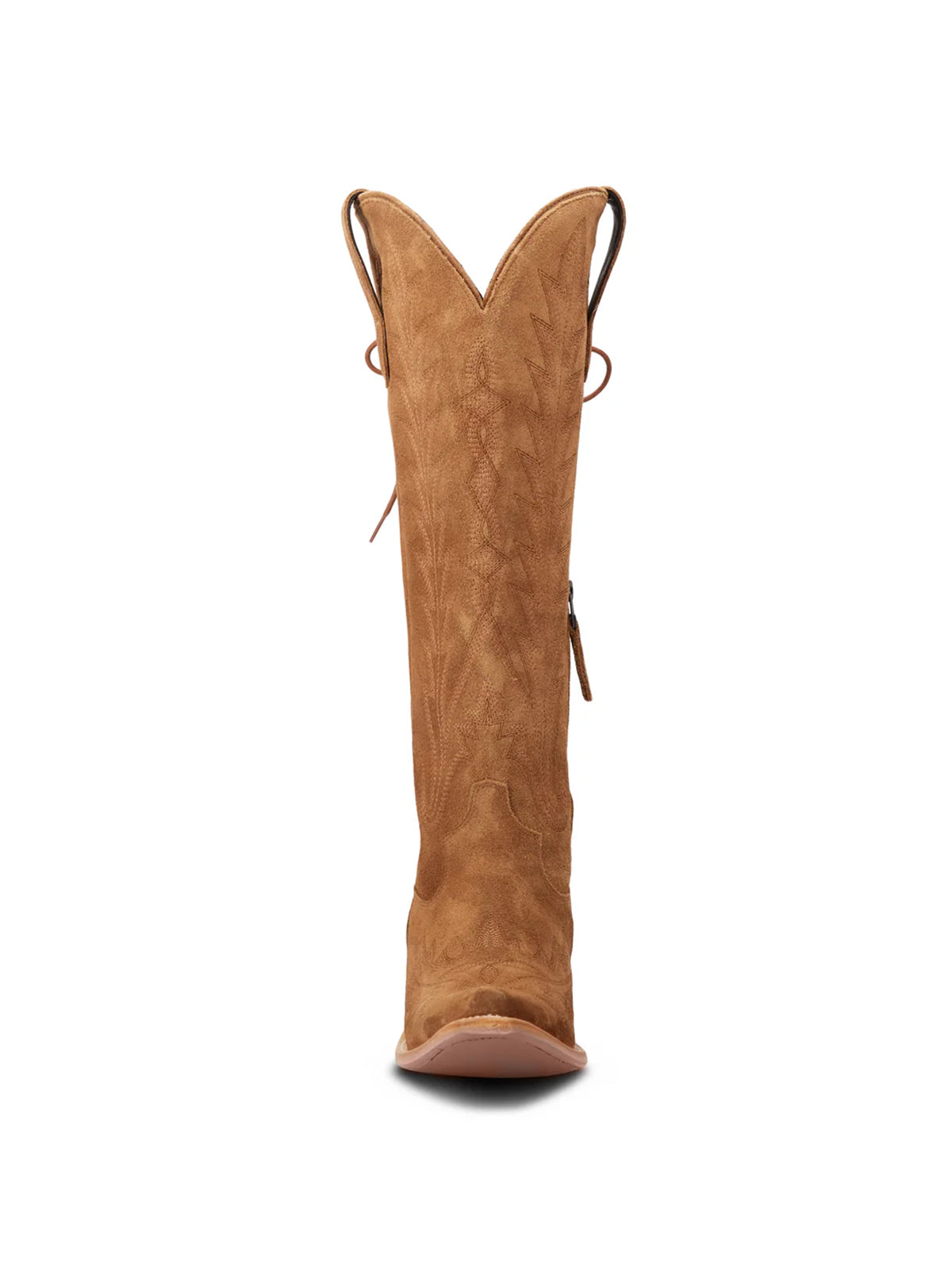 Snip-Toe Embroidery Half-Zip Back Lace-Up Knee High Cowgirl Boots - Toffee Faux Suede