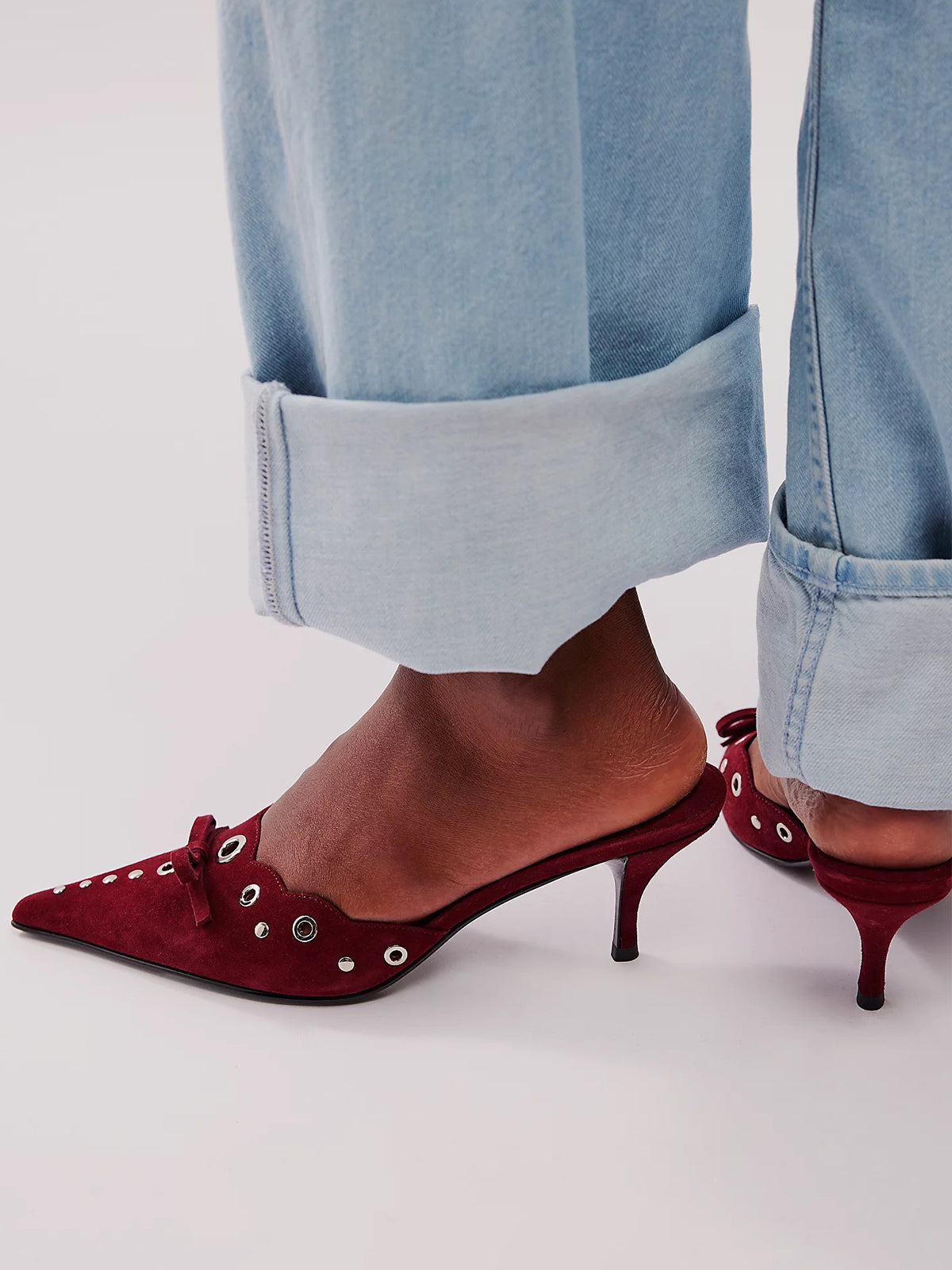 Wine Red Faux Suede Pointed-Toe Front Knot And Studs And Eyelets Kitten Heels