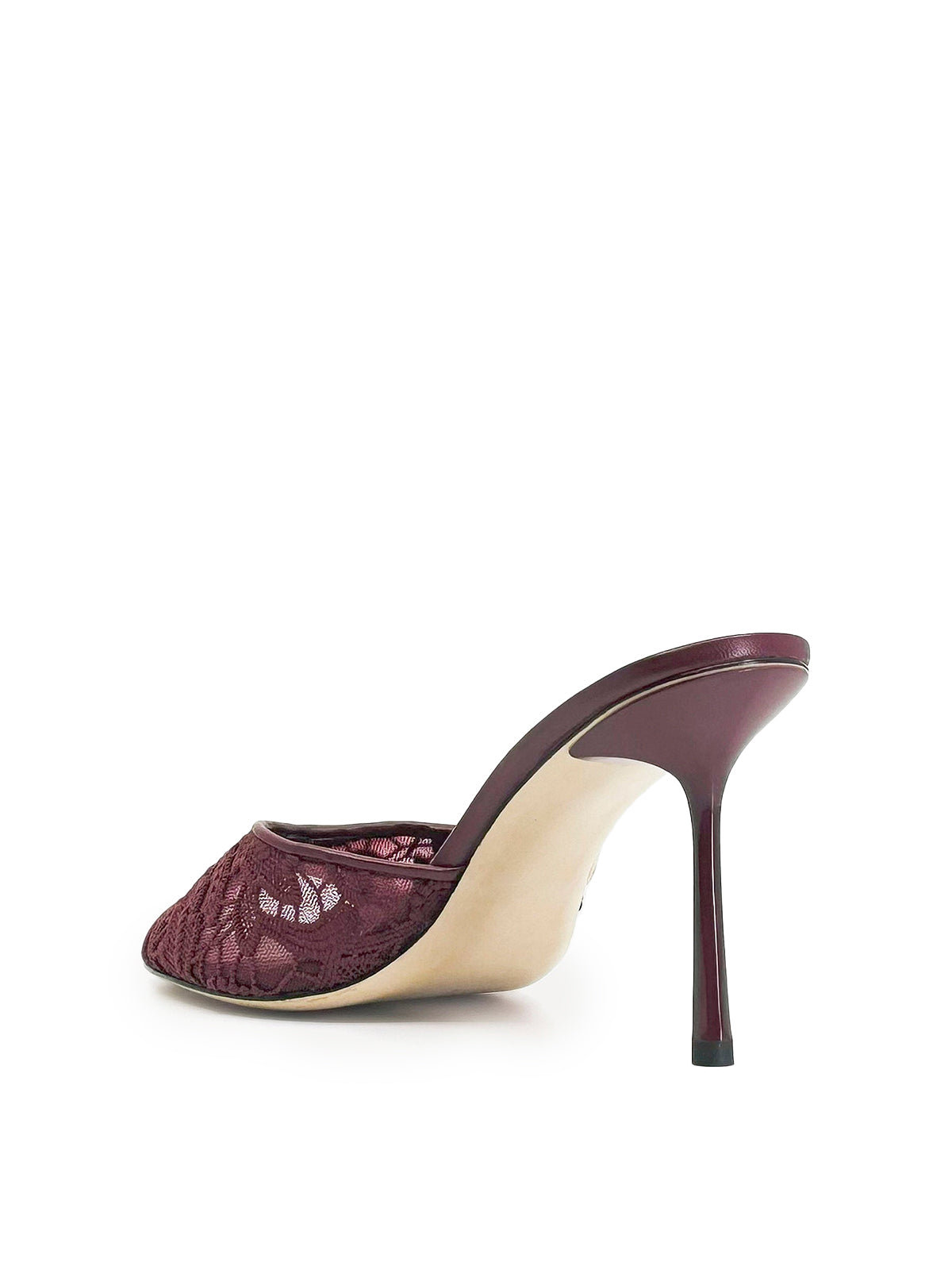 Burgundy Lace Mesh Round-Toe Slip-On High Heels