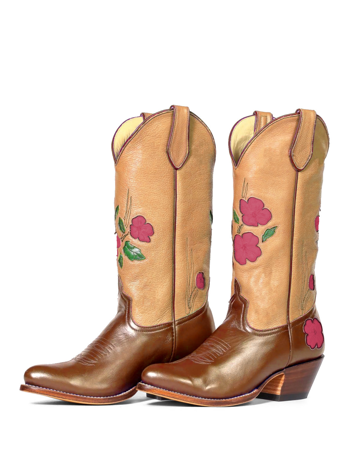 Contrast Nude And Brown Almond-Toe Fresh Flower Inlay Mid Calf Cowgirl Boots