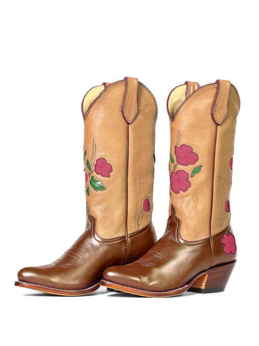 Contrast Nude And Brown Almond-Toe Fresh Flower Inlay Mid Calf Cowgirl Boots