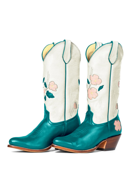 Contrast White And Turquoise Almond-Toe Fresh Flower Inlay Mid Calf Cowgirl Boots
