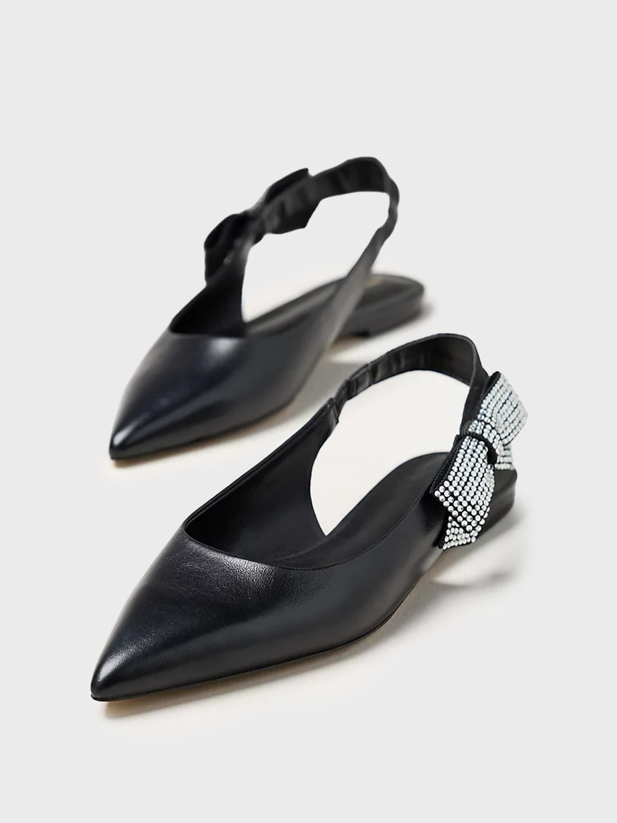 Black Pointed-Toe Rhinestone Side-Bow Slingback Flats
