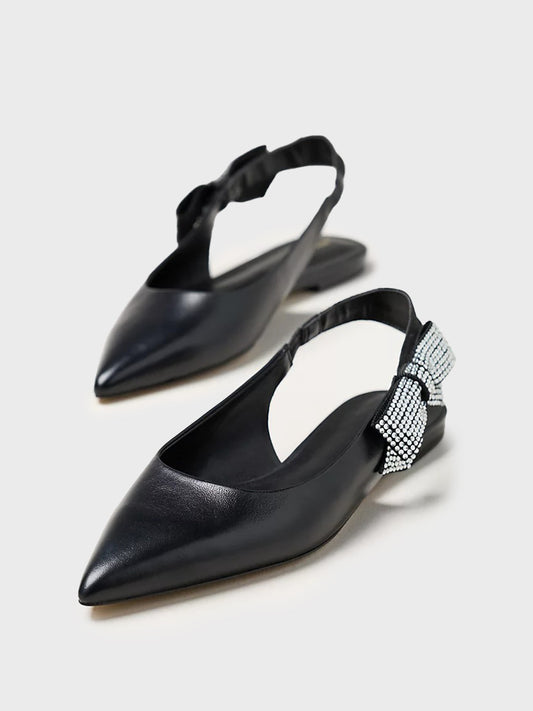 Black Pointed-Toe Rhinestone Side-Bow Slingback Flats