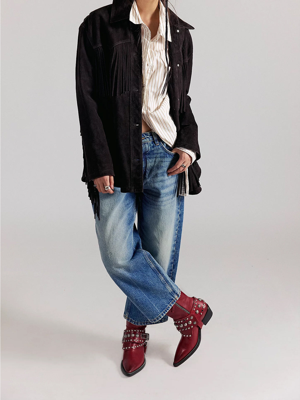 Red Pointed-Toe Studded Buckle Strap Full-Zip Ankle Cowgirl Boots