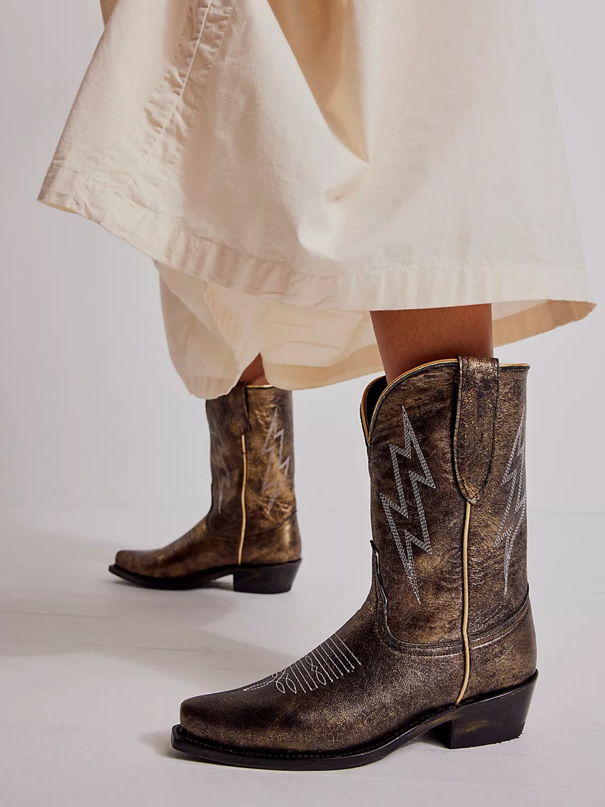 Metallic Distressed Bronze Lightning Embroidery Snip-Toe Wide Mid Calf Cowgirl Boots