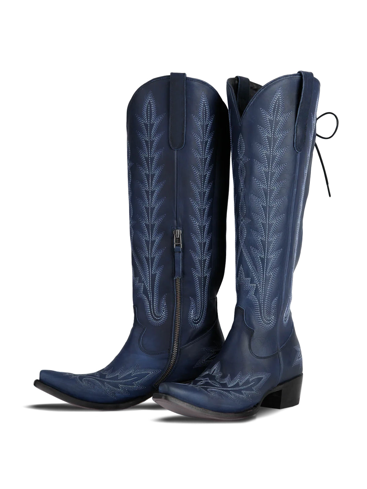 Snip-Toe Embroidery Half-Zip Back Lace-Up Knee High Cowgirl Boots - Navy