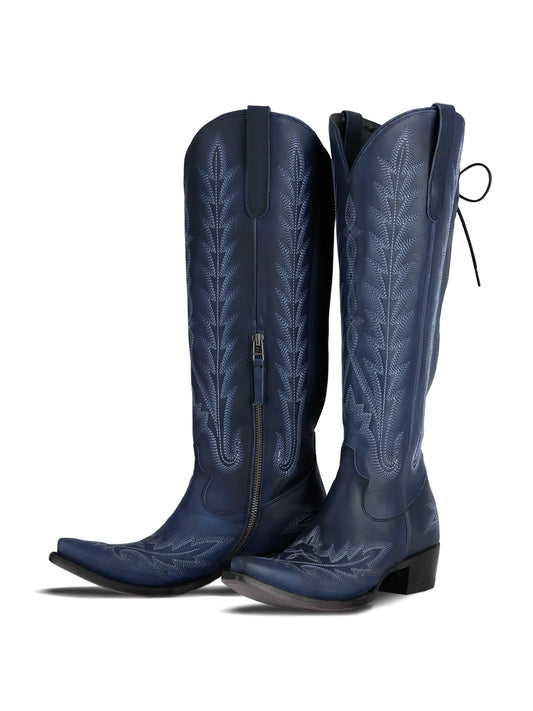 Snip-Toe Embroidery Half-Zip Back Lace-Up Knee High Cowgirl Boots - Navy