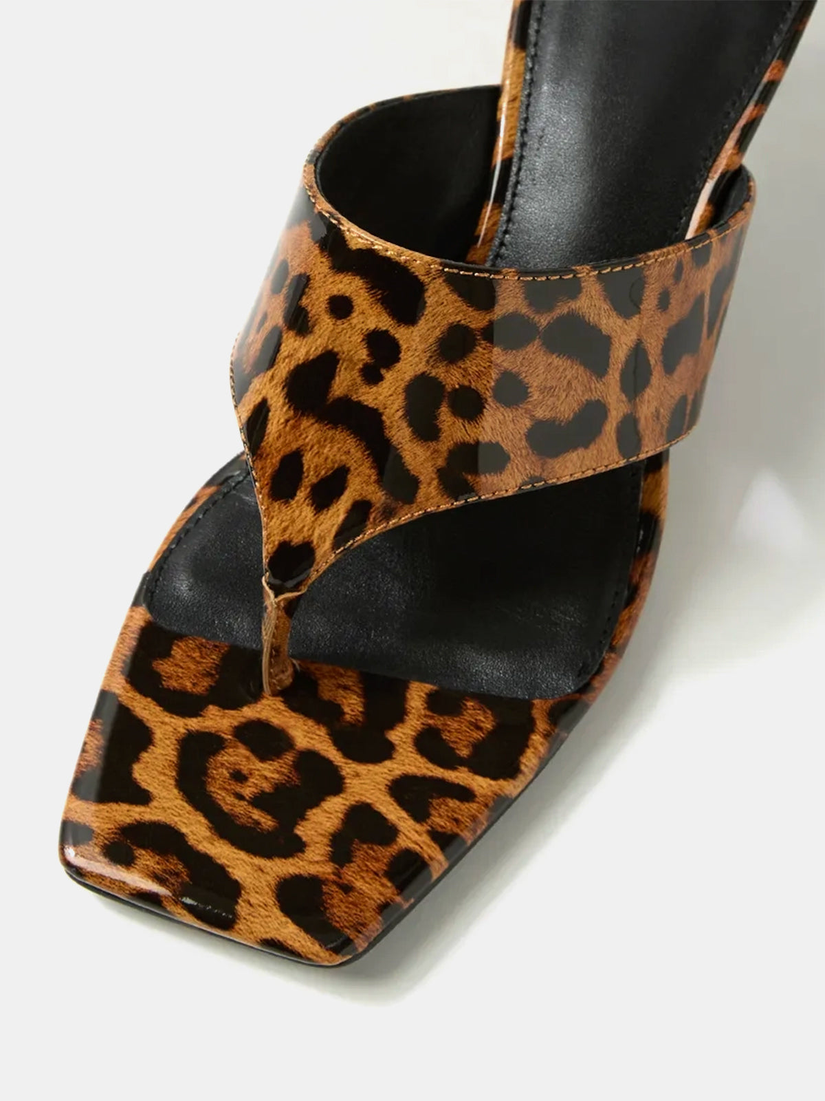 Square-Toe Slip-On Kitten Heel Sandals - Patent Leopard