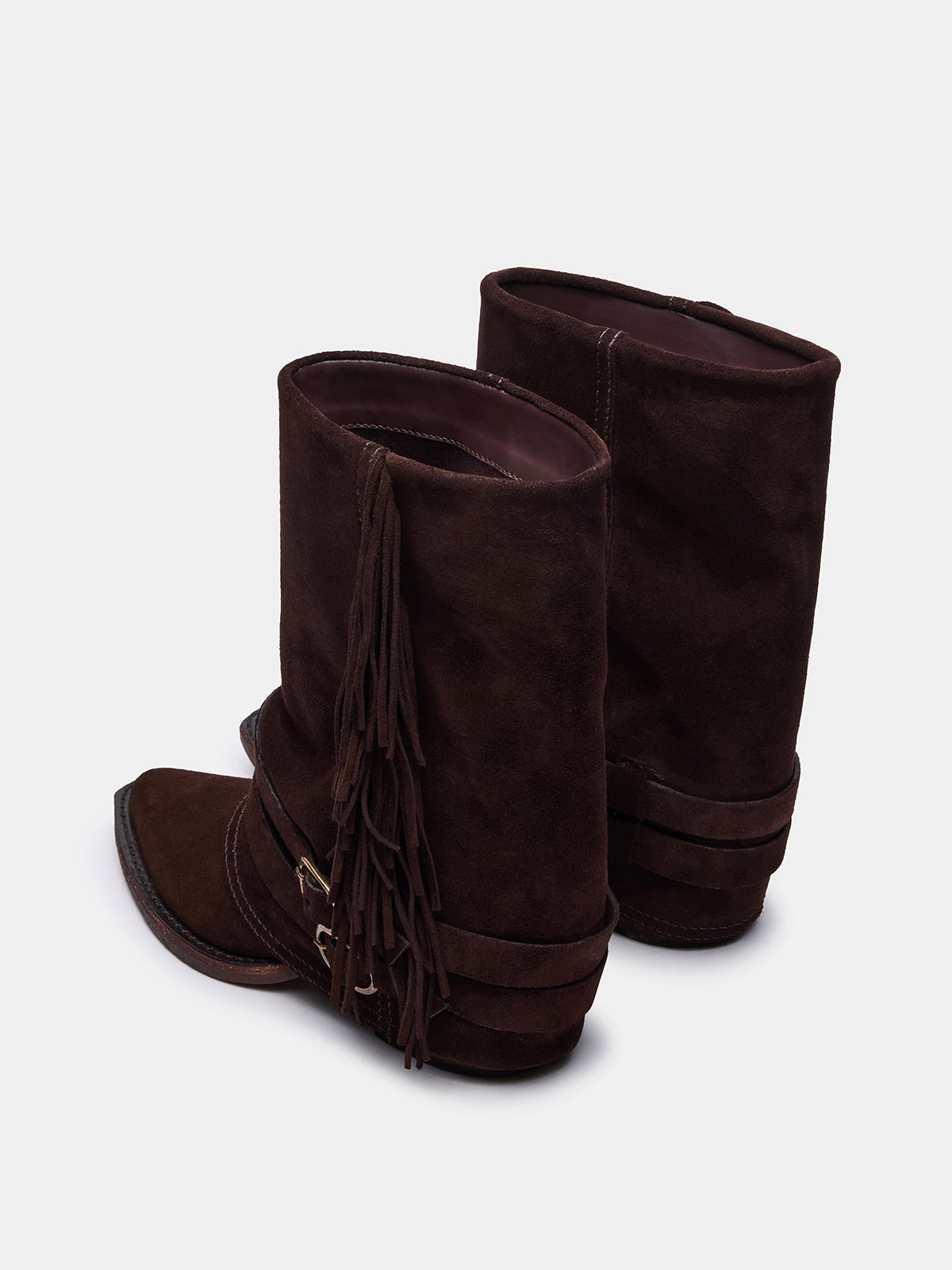 Brown Faux Suede Pointed-Toe Fold-Over Fringe Cowgirl Ankle Boots